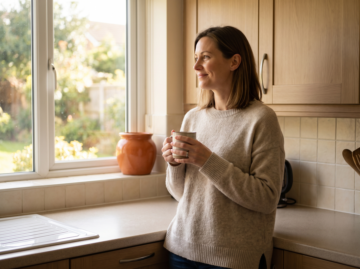 Vrouw ontspannen met een kop koffie, de AlignEase band onopvallend onder haar trui