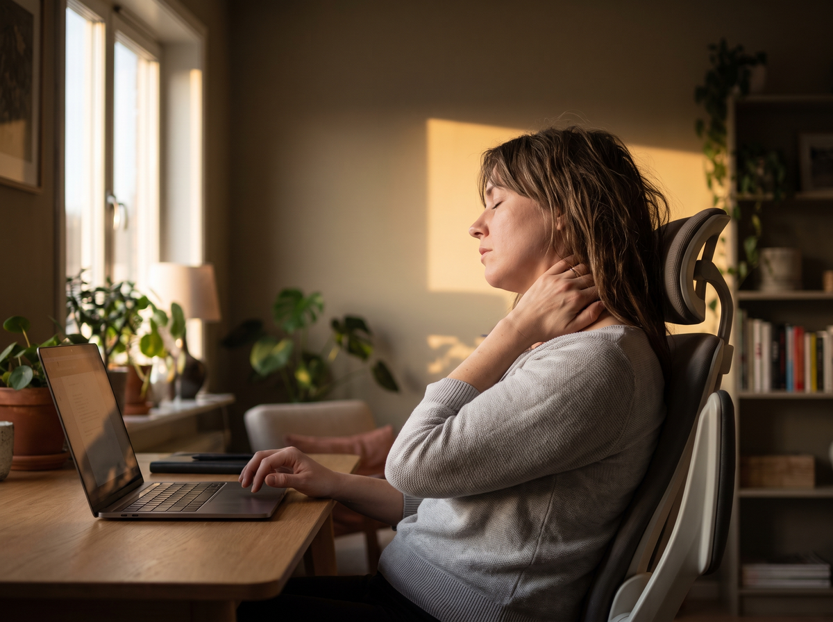Vrouw masseert haar nek aan het eind van een lange werkdag achter de laptop