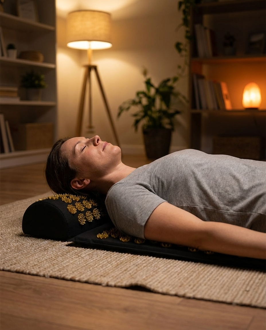 AcuRelax acupressuurmat in gebruik, ontspannen avondmoment