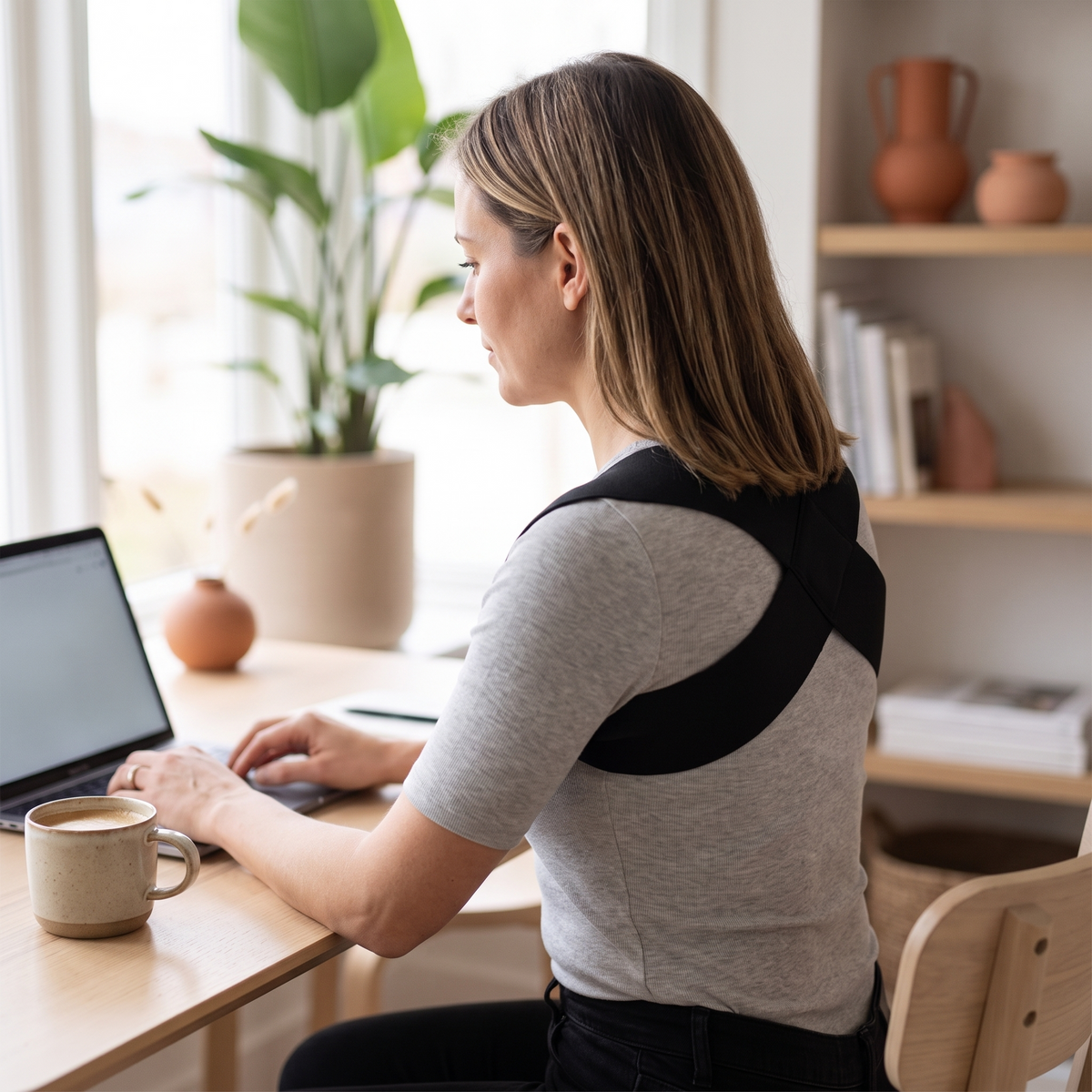 Vrouw werkt rechtop achter haar laptop met de AlignEase houdingsband tijdens haar werkdag